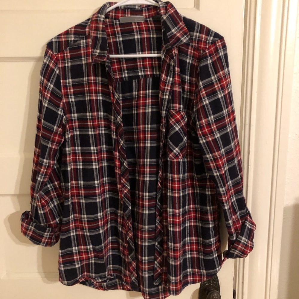 Loose, light flannel. Red, white, and navy blue.